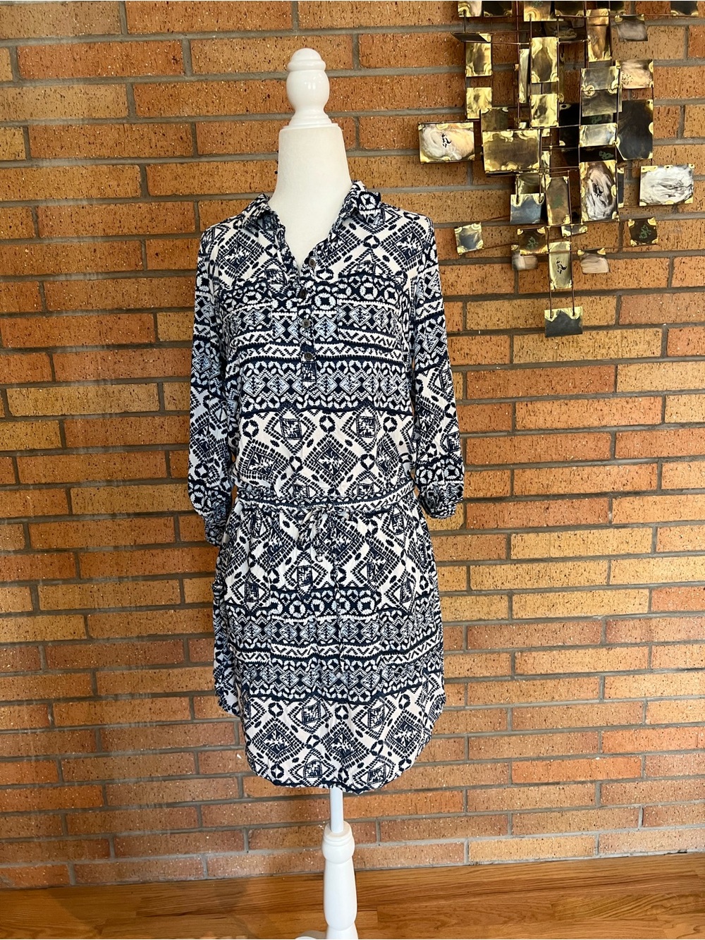 Sonoma tunic shirt dress tie waist Aztec pattern collared mini dress XSmall